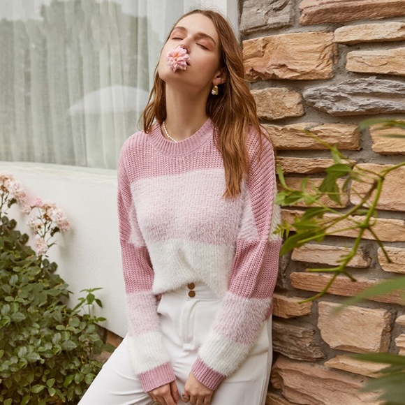 Rouge! Sweaters - 🎥 Fuzzy Pink Colorblock Pullover Sweater